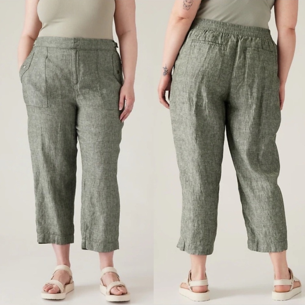 Athleta Voyager Linen Pant In Aspen Olive Women’s Size 14 Green Pockets relaxed